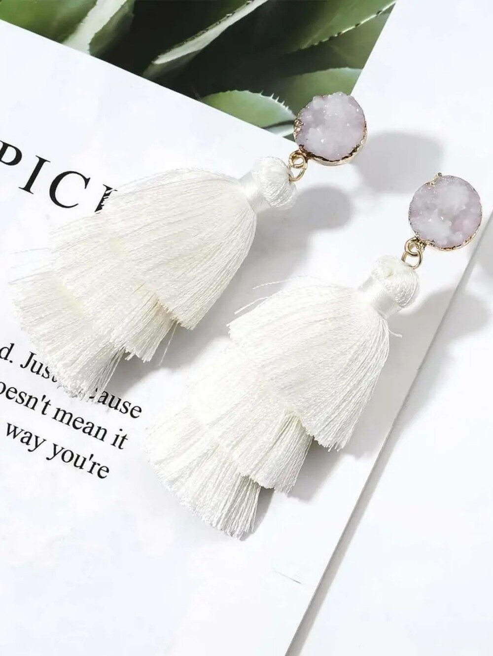 White Sparkling Stone Tassel Earrings Layered 3 Tier Crystal Boho Dangle Drop